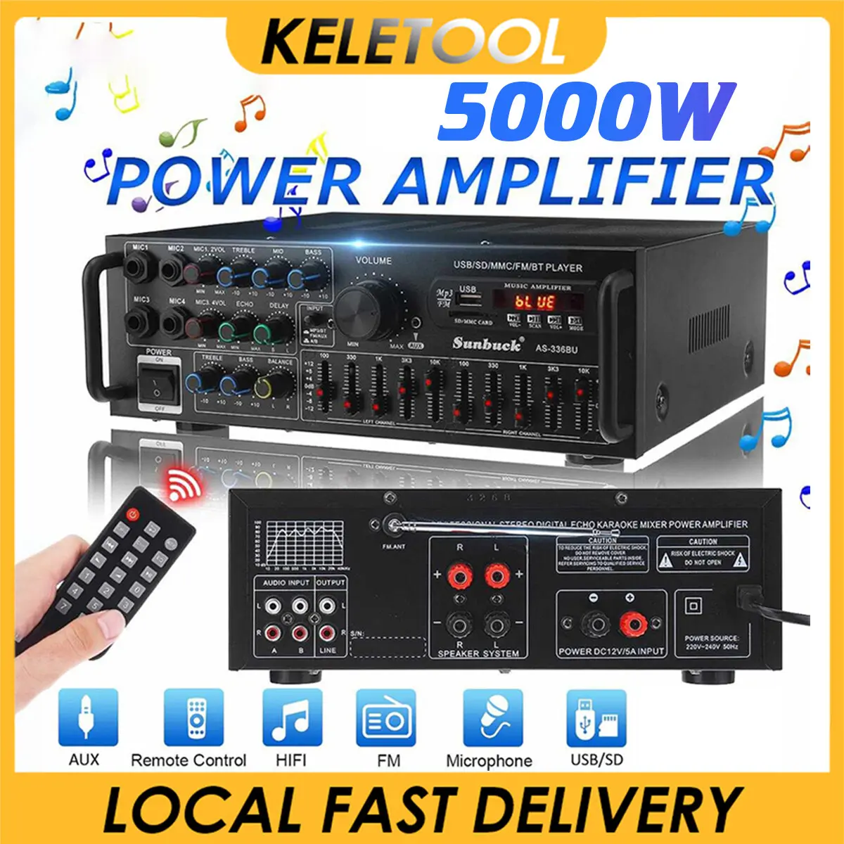 SUNBUCK 2200W bluetooth 5 Channel Power Amplifier HiFi Stereo Speaker Amp Support FM Radio 2 Mic USB SD Card