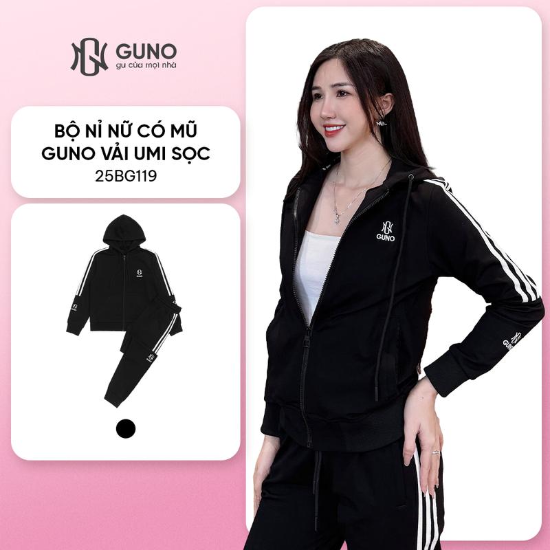 GUNO-Bộ quần áo nỉ NỮ có mũ GUNO vải UMI sọc nửa logo tay SP5 | 25BG119 25BB131
