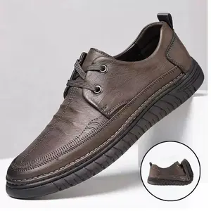 Sepatu pria kulit asli, sepatu keringat untuk bisnis dan santai sepanjang tahun 2025, sepatu kulit dengan tali pengunci, serbaguna, sesuai dengan tren, dasar lembut untuk mengemudi, cocok untuk para bapak Pantofel Hitam Kerja Shoes
