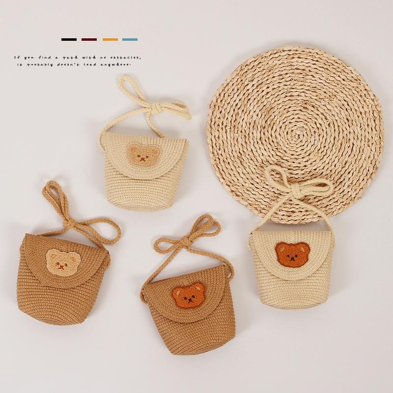 Túi Đeo Chéo Cho Bé, Túi Đeo Vai Rơm Mini Cho Trẻ Sơ Sinh, Bé Trai Và Bé Gái, Gấu Hoạt Hình, Đi Chơi Mùa Hè Hàn Quốc
