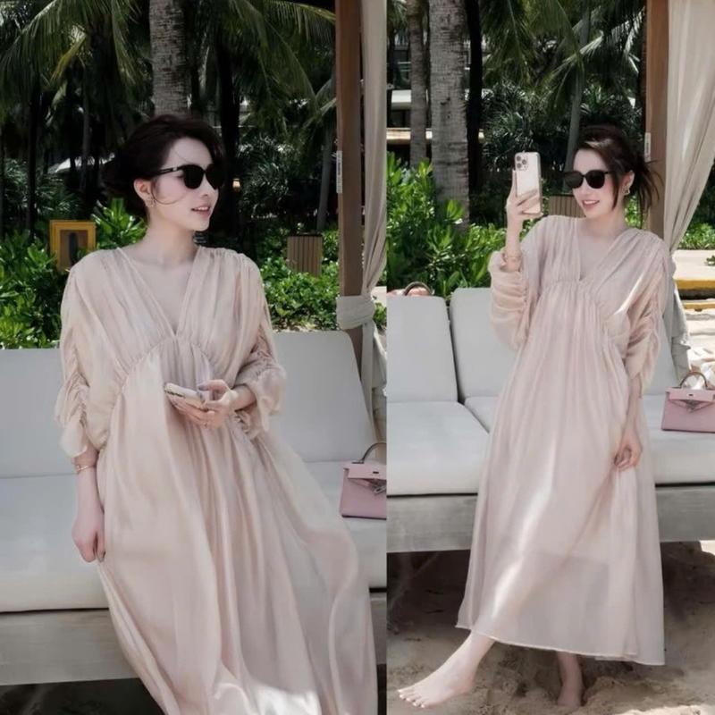 DAILY01 Váy maxi tơ tay nhún cổ V dáng dài tiểu thư sang chảnh mặc đi chơi đi biển. Thời trang nữ.