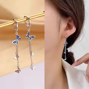 Anting Panjang Wanita Titanium Terbaru Anting Biru Permata Kupu-Kupu Liontin Hoop Anting Fashion Aksesoris Korea R049