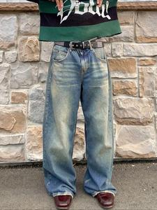 メンズゆったりオムブレデニム、オールシーズン対応ストリートスタイル、ジッパーフライ、適度な厚みの生地、ヴィンテージY2Kデザイン