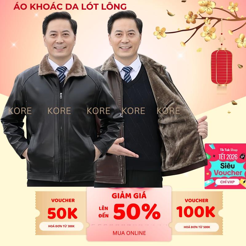 KORE Áo Khoác Nam Da Lót Lông Trung Niên Sang Trọng Lịch Sự Tặng Bố Tặng Ông Size 50-58 Chất Liệu Da PU Cao Cấp Lót Lông Cừu Nhân Tạo Giữ Ấm Tuyệt Đối
