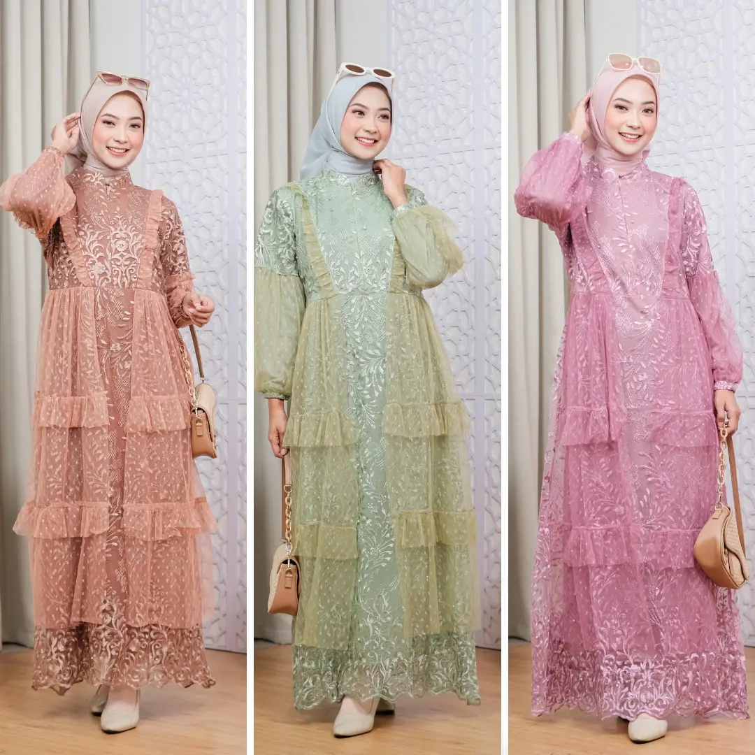 RAISHA Ayesha  Dress / gamis pesta wanita muslim untuk  lebaran, wisuda, kondangan full tile brokat simple tebal dan mewah