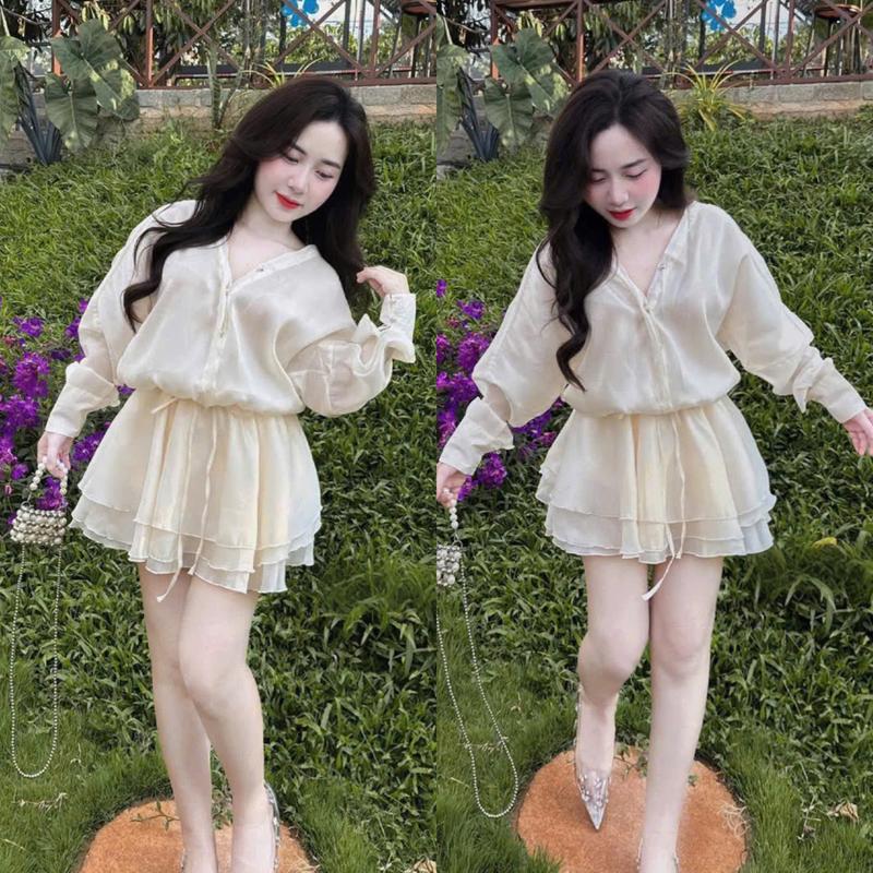 Set đồ nữ áo tơ ánh kim cổ V tay dài mix chân váy tầng xoè duyên dáng tiểu thư cho nàng đi chơi,đi dạo phố