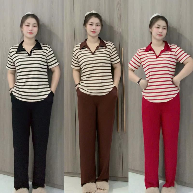  Set Đồ Bộ Thun Gân Tăm Lạnh Ống Rộng Dành Cho Nữ Áo Top Women Ong Polo Sọc Kẻ 