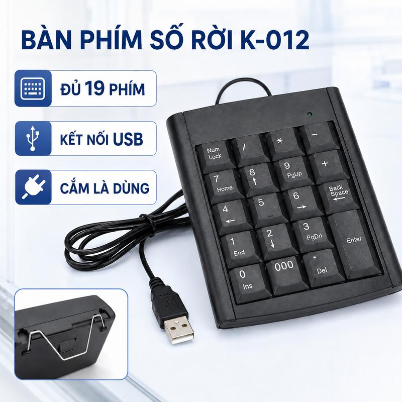 Bàn Phím Số Rời K-012 19 Phím Cổng USB Có Dây Cho Máy Tính, Laptop