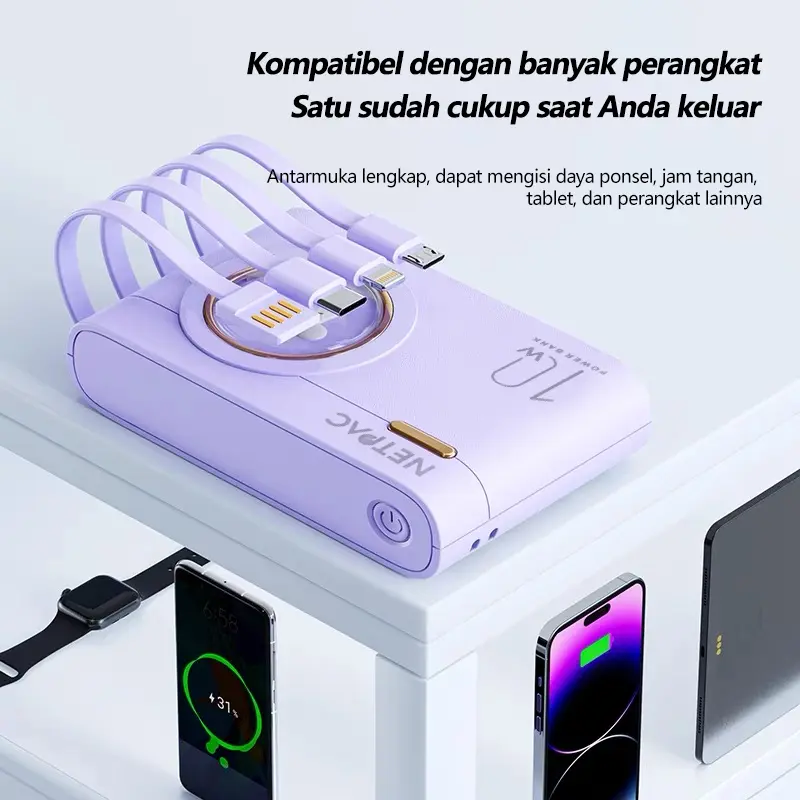 【COD】NETPACLIFE Powerbank 10000 mAh Fast Charging Murah Mini Macaron Cute Camera Design LED with Kabel Data Type C Micro USB Lightning 7