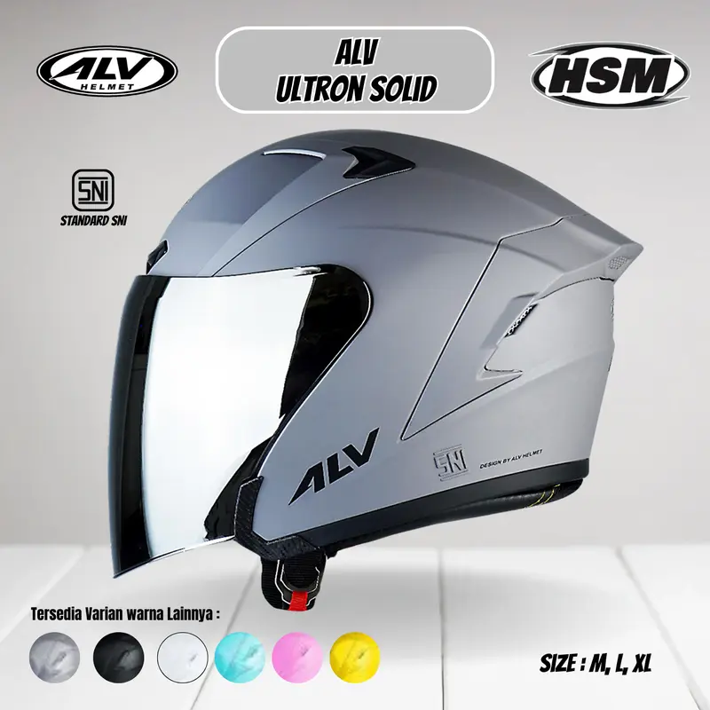 Helm Half Face ALV ULTRON Solid Original Kaca Visor Silver/Clear Untuk Pria dan Wanita Dewasa SNI Motorcycle dengan Intercom Ready Design 0