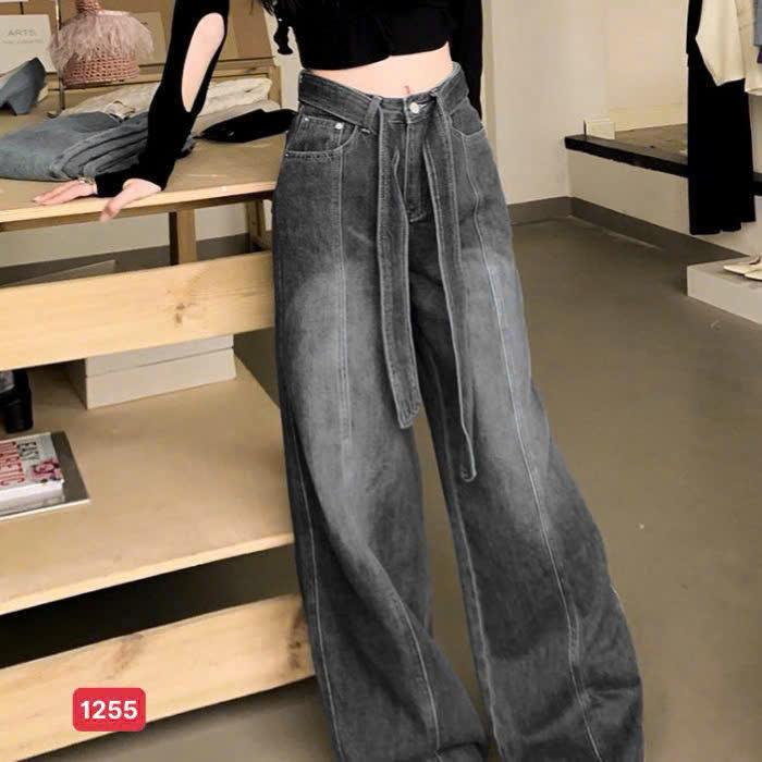 S - XL Quần Jean Nữ Ống Rộng Suông co đai dây Cạp Cao hack dáng chất bò không giãn bụi bặm trẻ trung thời trang cá tính - B1255