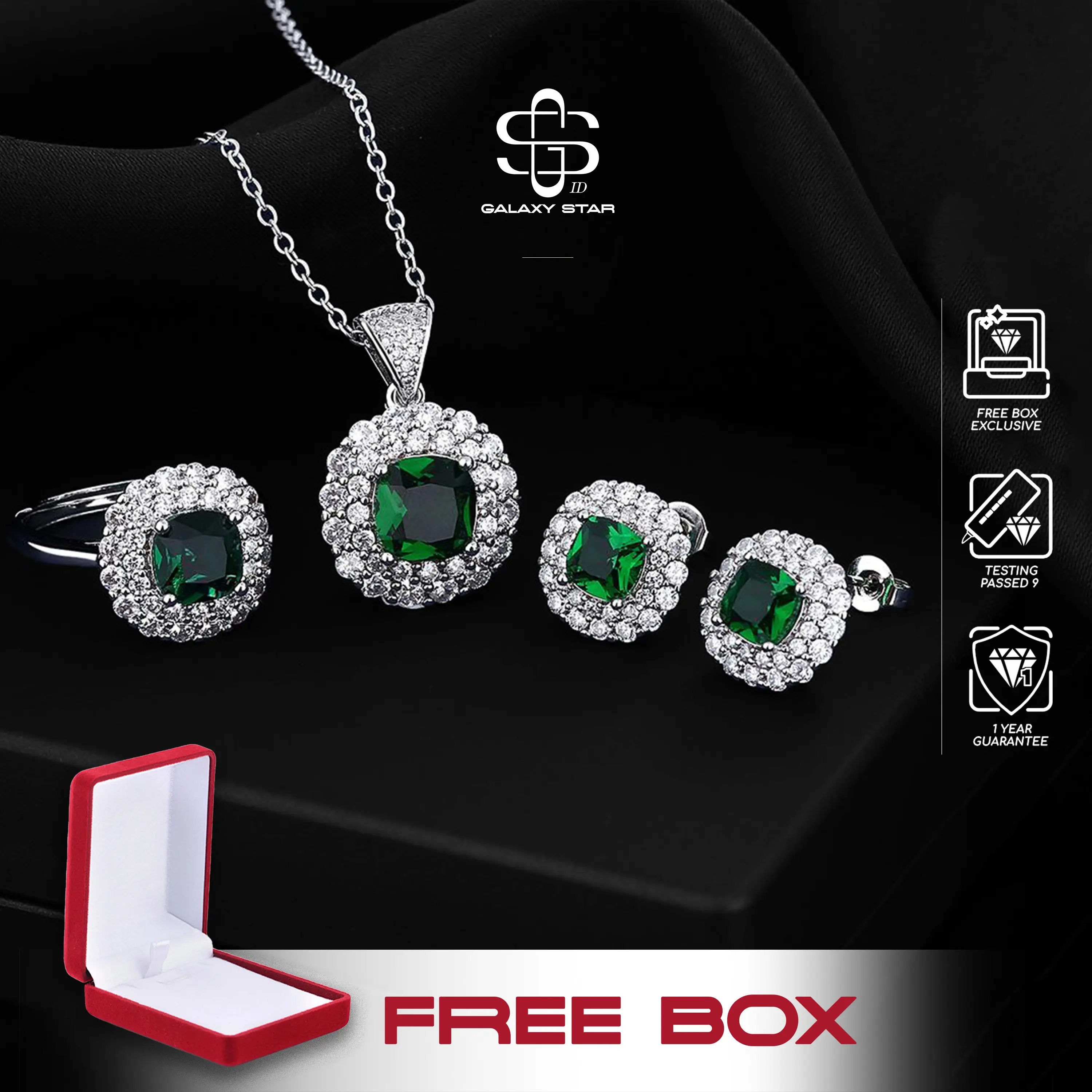 ((Free Box)) Korean Luxe Green Set:1 Set Cincin, Anting, Kalung Wanita Korea Zircon & Kristal || Korean Trendy Glamor Style AAKB0002