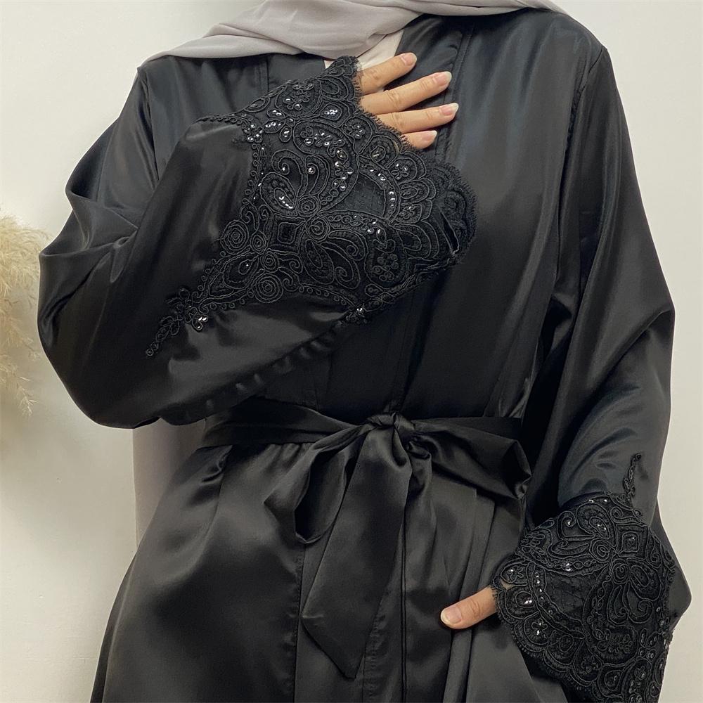 1977# Stian Long Sleeve Beautiful Lace Design Elegant Cardigan Plain Simple Abaya - CHAOMENG MUSLIM SHOP