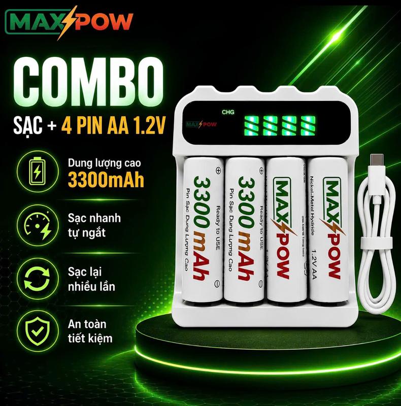 Maxpow Pin Sạc Tái Sử Dụng Combo 1 Sạc + 4 Pin AA 3300mAh, sạc tái dụng, sạc lại nhiều lần pin lắp mic hát 8-10 tiếng liên tục, pin lắp remote,