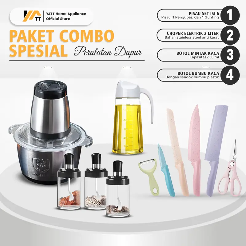 YATT COMBO DAPUR Chopper Penggiling 2Liter + Botol Bumbu 3pcs + Pisau Set 6in1 + Botol Minyak 630ml 0