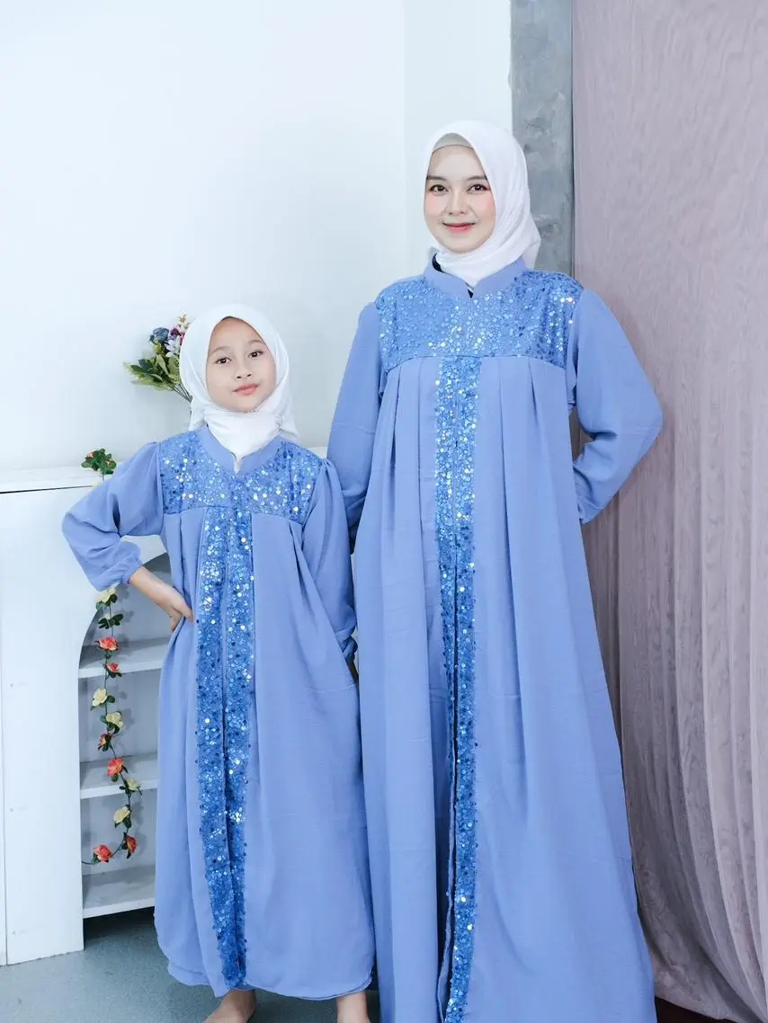 Zelina Dress Gamis Couple Mom And Kids Matt Crinkle Airflow Premium Mix Tille Sequin Mewah Elegant