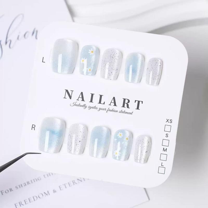   Mã 0007  Nail Box Móng Tay Giả Màu Trắng Xanh Ombre Mắt Mèo Cực Xinh Họa Tiết Hoa Cúc Daisy Nhẹ Nhàng Thanh Lịch 
