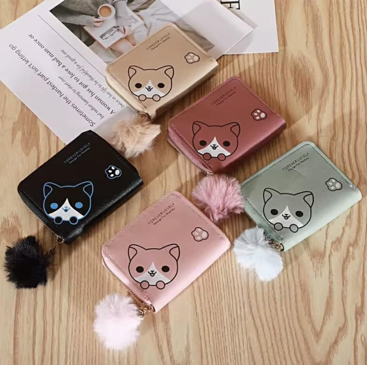 dompet wanita kecil/dompet lucu/dompet miow/dompet pompom/dompet pendek wanita Kulit Hitam