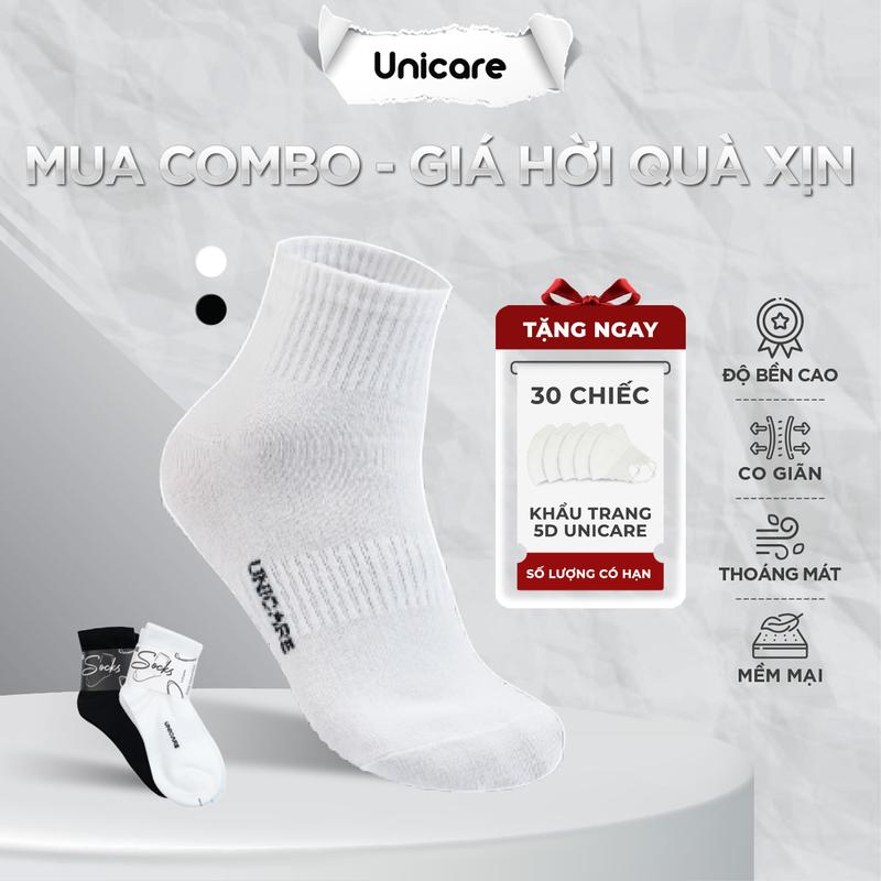 DEAL QUÀ TẶNG Combo Tất Tặng 30 Chiếc Khẩu Trang 5D Tất Vớ Nam Nữ Tất Trơn UNICARE Dày Dặn Êm Chân Thấm Hút Tốt Thoáng Khí Đủ 2 Màu Trắng Đen