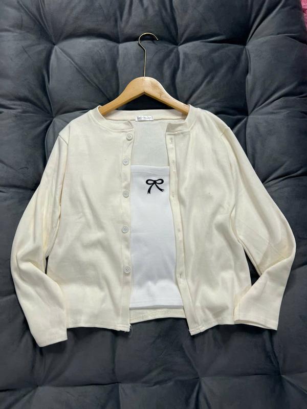 Set Áo Khoác Cardigan Trơn Nhiều Màu Mix Áo 2 Dây Bún Thêu Nơ Mẫu Mới 2025 Cho Bạn Nữ