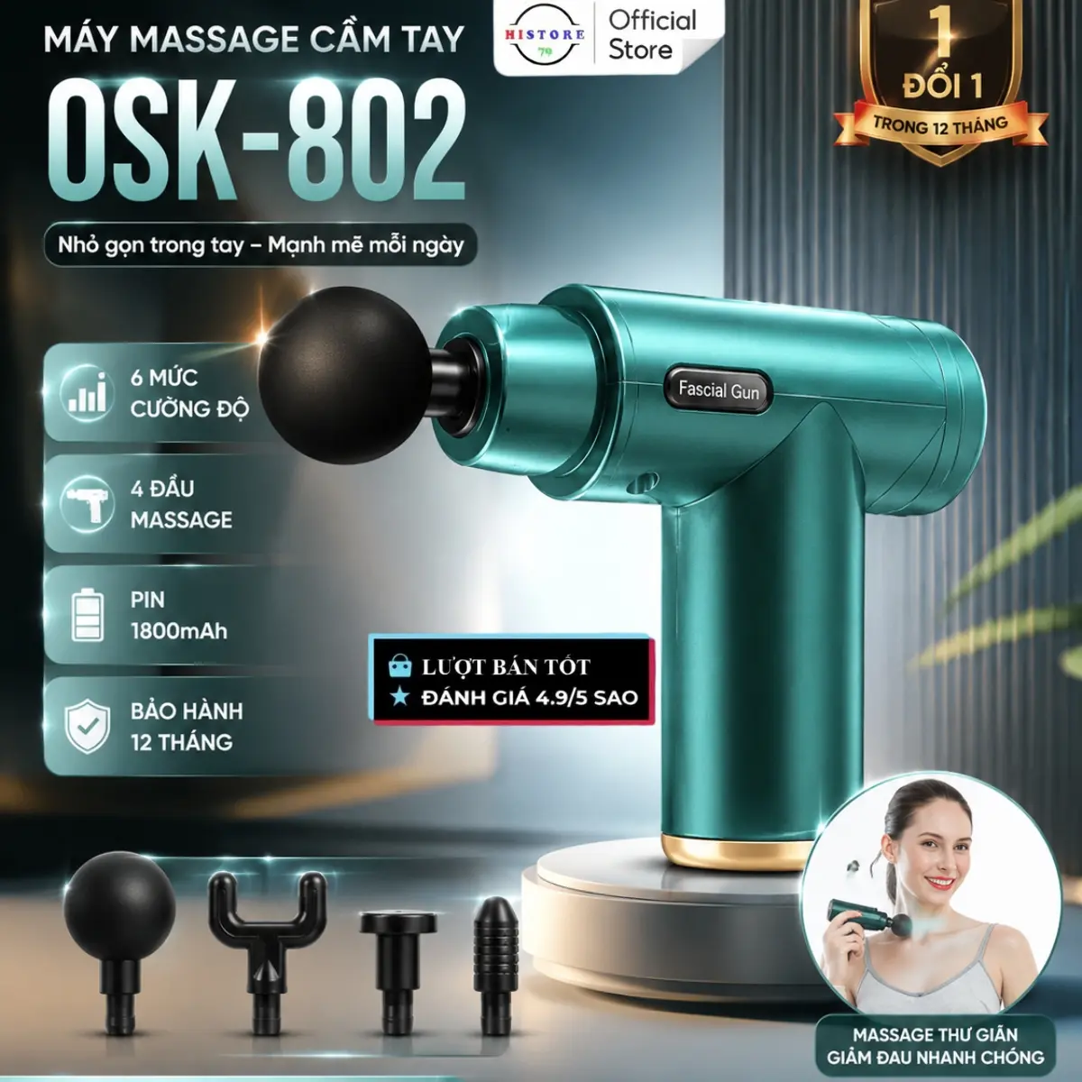 Máy Massage Cầm Tay OSK-802 4 Đầu 6 Cường Độ Điều Chỉnh, Máy Mát Xa Cầm Tay Tiện Lợi