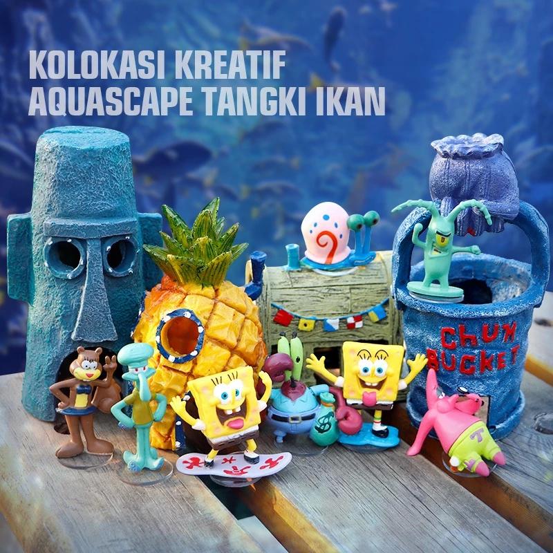 Ceria Pets Hiasan Aquarium SpongeBob 9 Buah/set Resin Tahan Lama Anti Jamur Cocok untuk Air Asin dan Tawar Dekorasi Dasar Aman Ikan