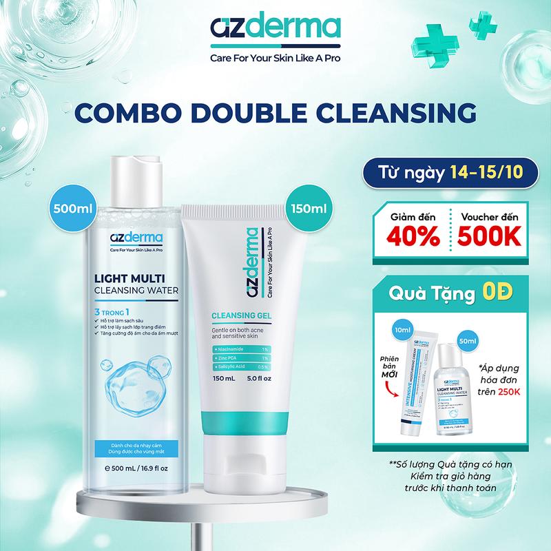 [ Độc Quyền Live ] Bộ đôi Double Cleansing - Hỗ trợ sạch sâu, dịu nhẹ cùng nước tẩy trang Azderma Light Multi Cleansing Water 500mL và gel rửa mặt Azderma Cleansing Gel 150mL.
