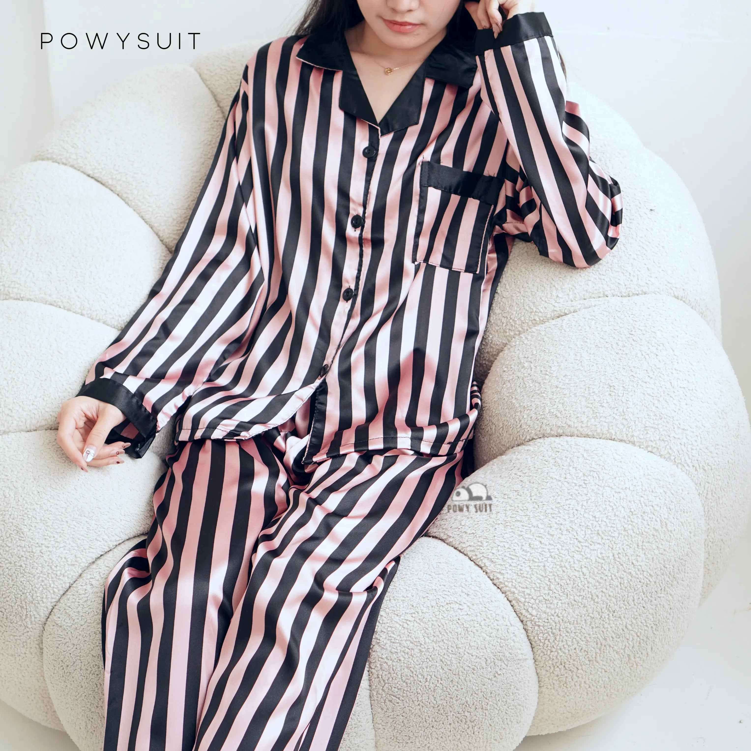 YX56 Victoria Salur Piyama Powysuit Baju Tidur Wanita Lengan Panjang Celana Panjang Setelan Dewasa Satin