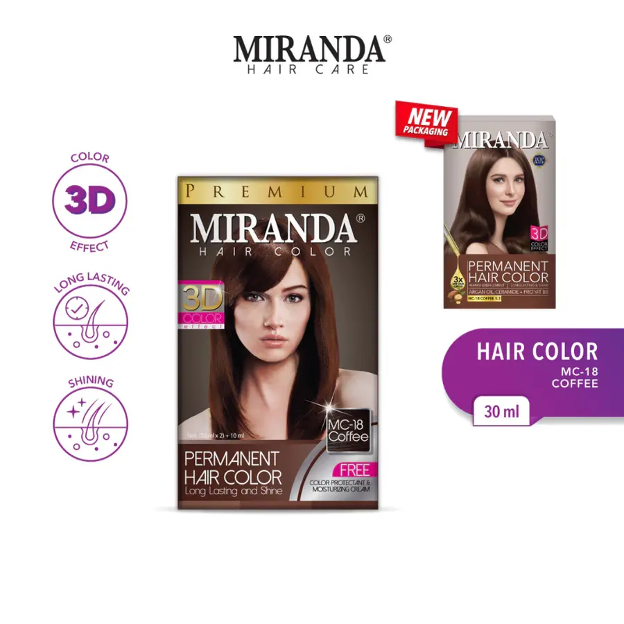 Miranda Hair Color (Cat Rambut Permanen) MC18 Coffee 30ml Box Dye Pewarna Kopi Cat