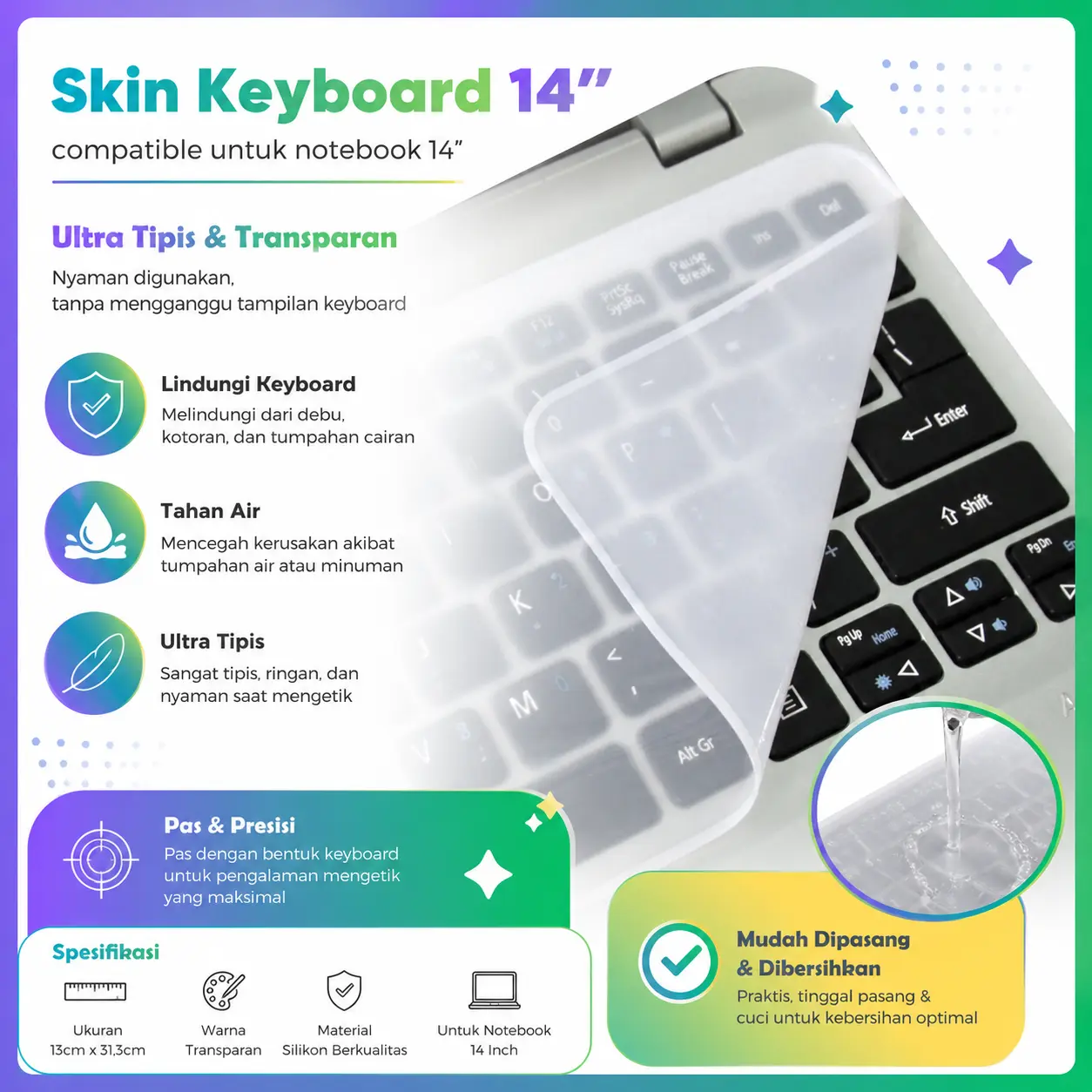 PELINDUNG KEYBOARD MURAH 14" LAPTOP ALL BRAND SKIN KEYBOARD TRANSPARAN SKIN PROTECTOR KEY ANTI DEBU