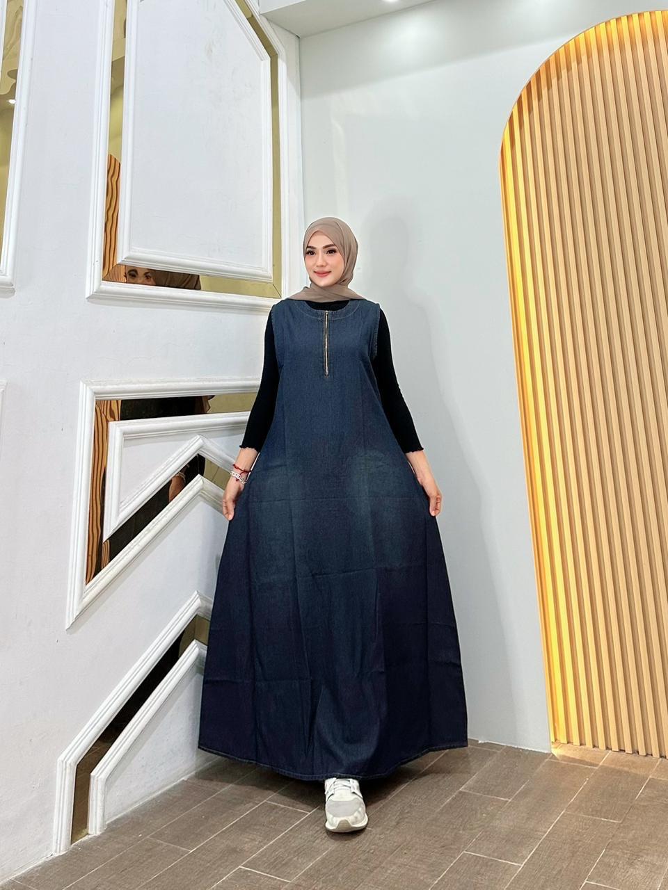 Prily Gamis Rompi Jeans Salur Fashion Muslim Wanita Kekinian