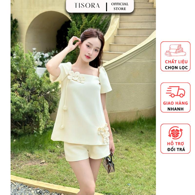 Sét bộ áo cổ vuông tay phồng đính hoa + Quần Short có túi - TISORA