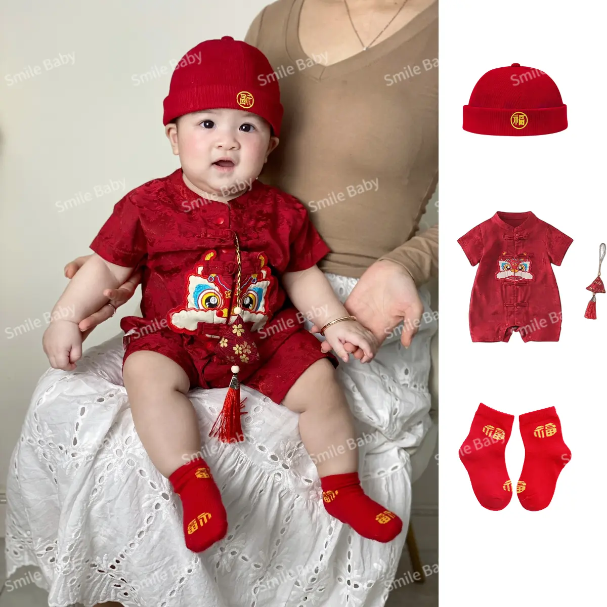 Baby Short-sleeved Onesie Spring Festival New Boys Girls Thin Romper with Purse 0-24 Months Baby Soft Embroidery Lion New Chinese Clothes New Year & Birthday