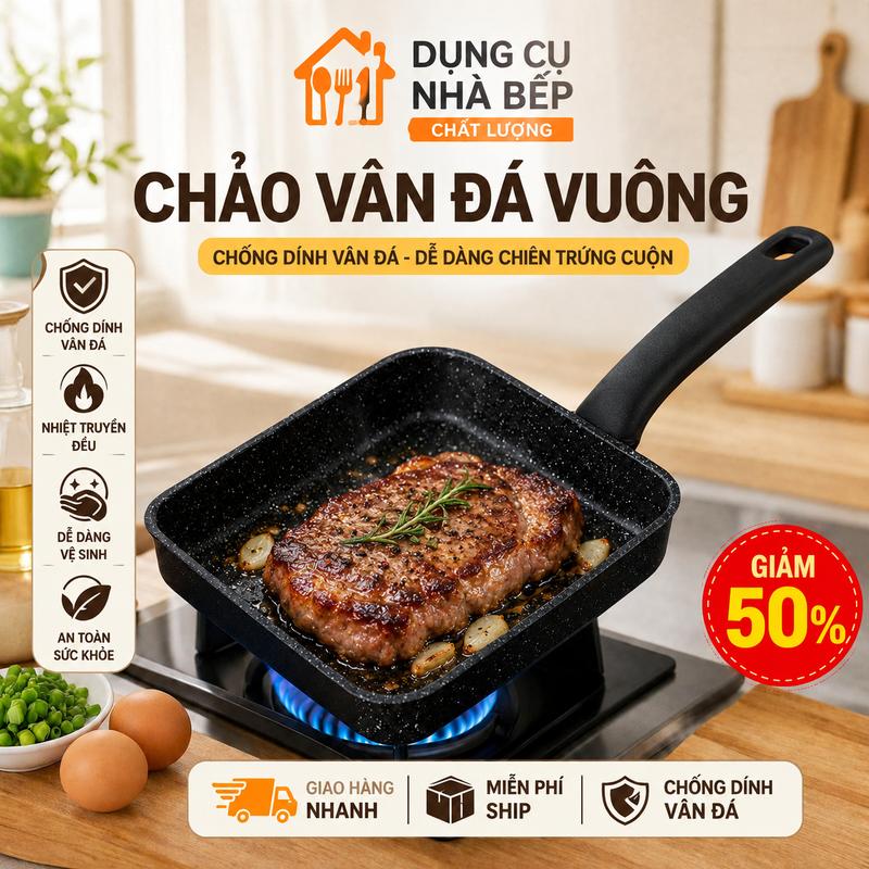 Chảo Vuông Chiên Trứng Cuộn Vân Đá Chống Dính, Đáy Từ Dùng Được Cho Mọi Loại Bếp, Bếp Gas, Bếp Từ, Bếp Điện