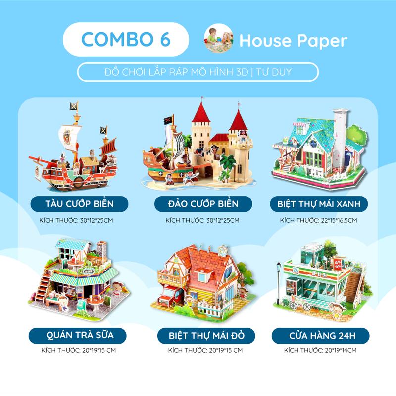 SIZE LỚN Combo 6 mô hình lắp ráp: Thuyền hải tặc + Lâu Đài hải tặc + 4 Biệt Thự Cửa Hàng - Đồ chơi lắp ráp mô hình 3D bằng xốp cỡ lớn Bộ Lắp Ráp Tháo Lắp Toy