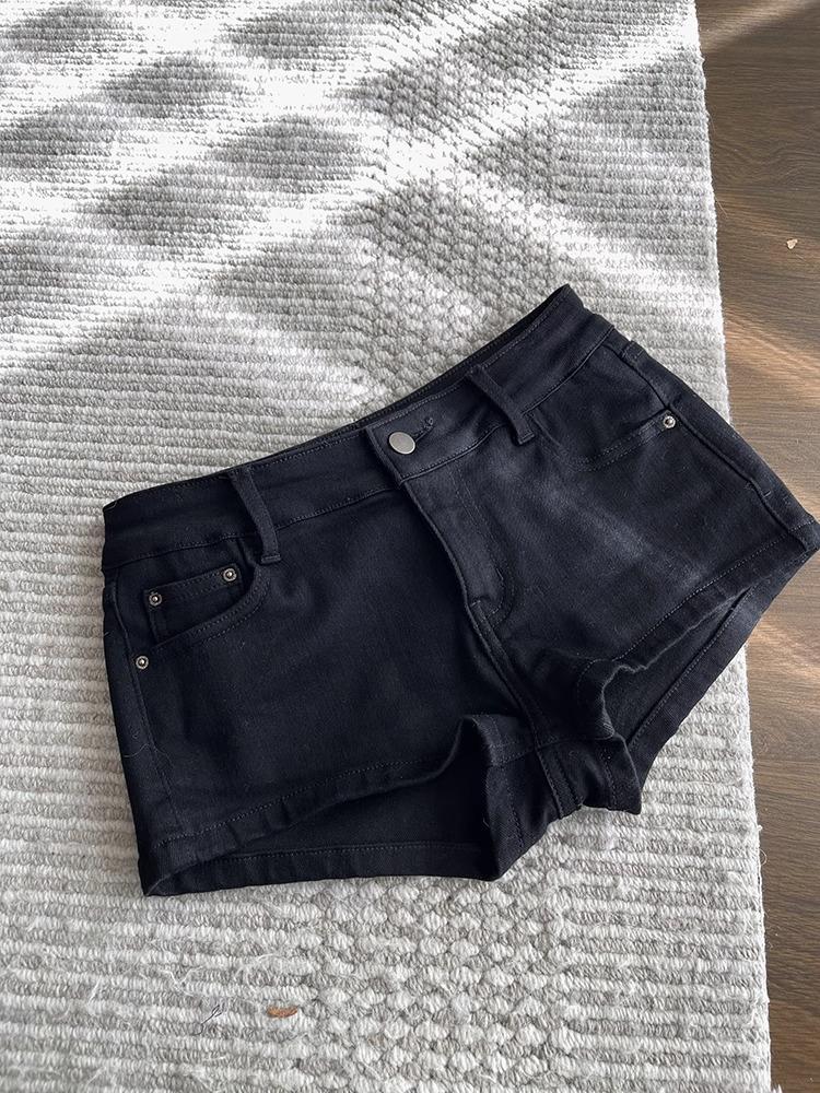 KoKo Jeans-เอวสีดำต่ำของผู้หญิงยืดกางเกงขาสั้นผ้ายีนส์เซ็กซี่แน่นเซ็กซี่
