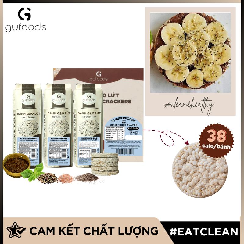 Bánh gạo lứt GUfoods vị Superfoods - Không chiên dầu, Không đường, Từ gạo và ngũ cốc nguyên hạt, Lành mạnh, Phù hợp Eat clean, Ăn vặt healthy, Thực dưỡng, Tập gym, Thuần chay
