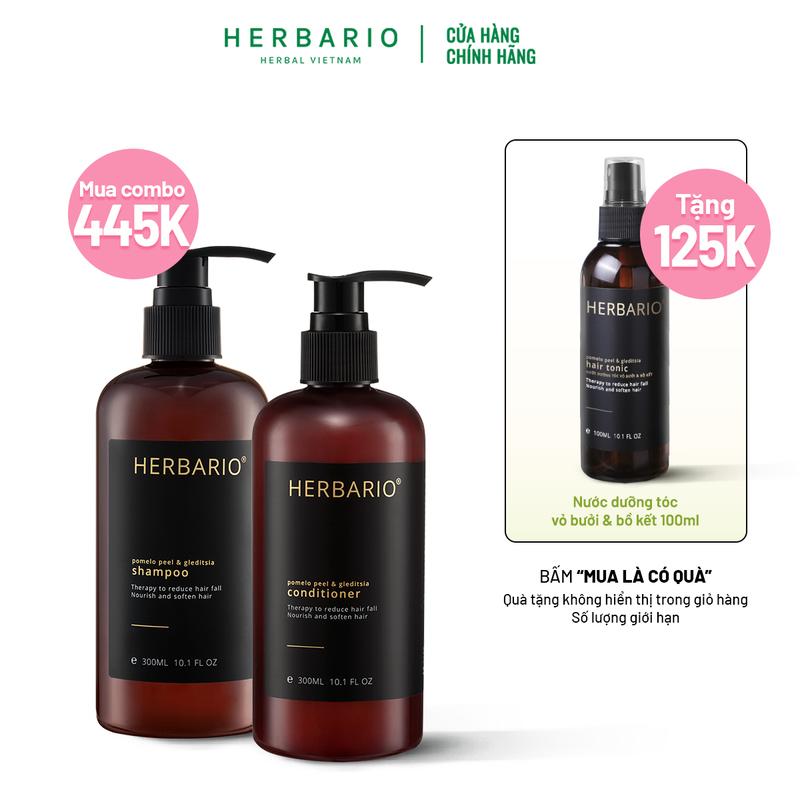 Bộ đôi Dầu Gội bồ kết & vỏ bưởi herbario 300ml + Dầu Xả Bồ Kết & vỏ bưởi Herbario 300ml TẶNG xịt dưỡng tóc Herbario 100ml