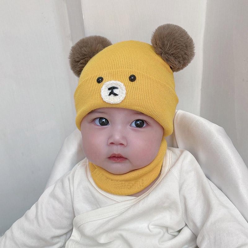 Mũ Dệt Kim Hình Gấu Hoạt Hình Cho Bé + Khăn Quàng Cổ, Mũ Mùa Đông Ấm Áp Cho Trẻ Sơ Sinh, Bé Trai Và Bé Gái, Mũ Len Co Giãn Dày, Bảo Vệ Tai Cho Trẻ Mới Biết Đi Khăn Quàng Cổ