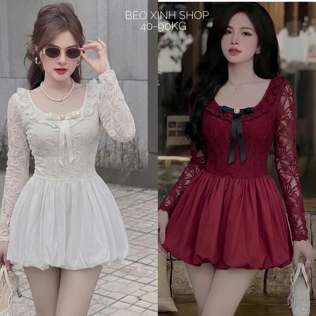 Váy Dự Tiệc Thiết Kế Dáng Ngắn Tay Dài Tiểu Thư Phối Nơ (Vải Ren Cao Cấp) Thanh Lịch Sang Trọng Cho Các Nàng Bigsize 40–90kg Thời Trang Nữ Béo Xinh Shop - A.1781