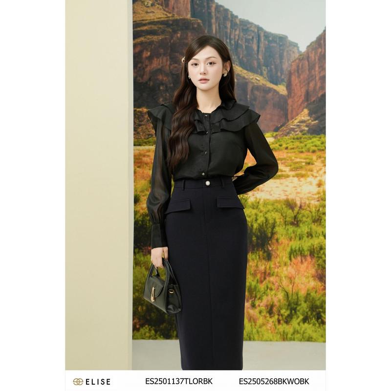 Áo sơ mi tơ đen bèo cổ thiết kế Elise mã sản phẩm ES2501137TLORBK