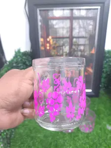 AY - [ Paket 6 Pcs ] Gelas kopi Mulia Glass Motif Sablon Kembang Kapasitas 280 ml