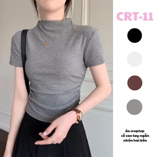 Áo croptop cổ cao mới nhún sườn 2024 crt Nữ A1 Voi Women Shirt Đen