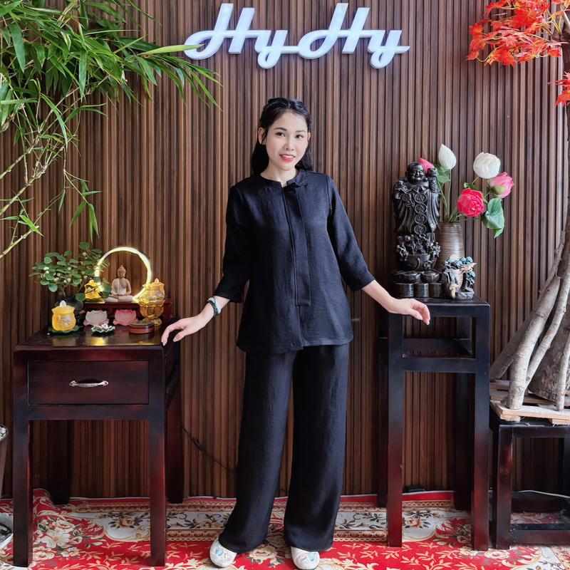 Đan Thanh - Bộ Pháp Phục Lễ Chùa Nữ Bigsize Cổ Tròn Tay Dài Phối Nẹp Kín Đáo HyHy