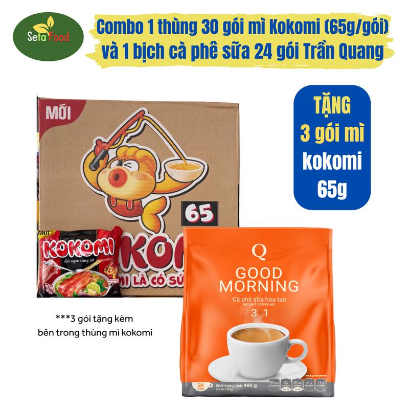 Combo 1 Thùng 30 Gói Mì Kokomi 65g và 1 Bịch Cà Phê Sữa Hòa Tan 3in1 Good Morning Trần Quang 24 Gói Cay Miến Vị Chua
