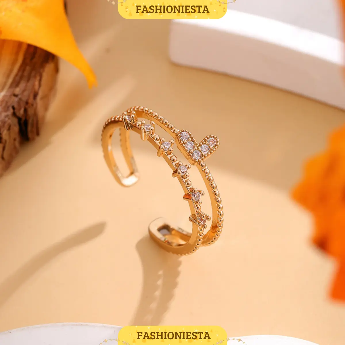 Cincin Lapis Emas dengan Love Kristal Elegan Anti Karat Gold Plated Love Crystal Ring Aksesoris Wanita Korea Style Fashion Stylish Trendy