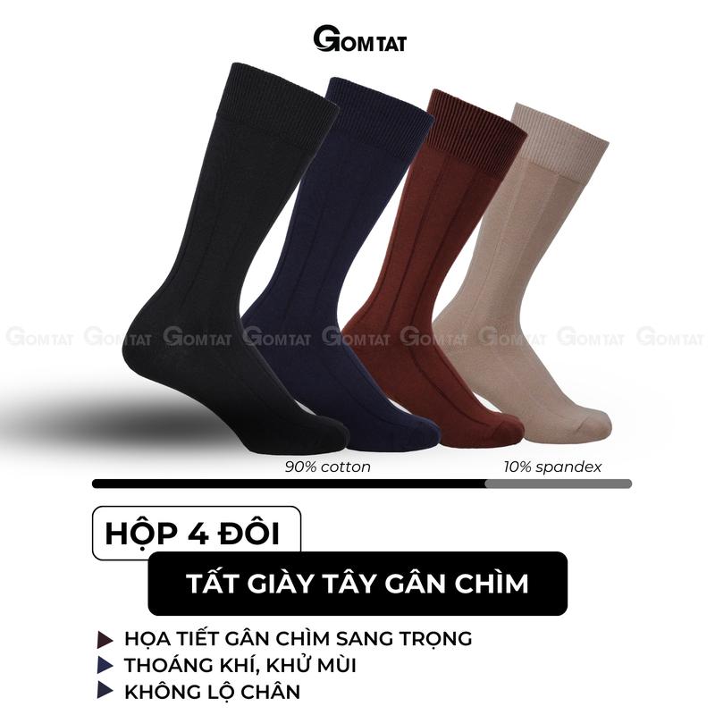 Set 4 đôi tất vớ đi giày tây nam GOMTAT mẫu gân chìm, vớ nam cổ cao 25cm chất liệu cotton cao cấp thoáng mát êm chân, tất nam cổ cao, vớ nam công sở Menswear - GOM-MIX09-CB4