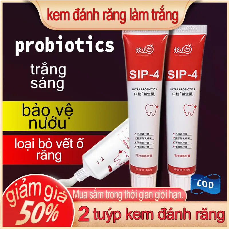 [2 tuýp]Kem đánh răng Probiotic SIP-4, Làm sáng hơi thở, Hơi thở thơm mát, Làm sạch miệng, Loại bỏ vết ố trên răng, 2 Kem đánh răng màu đỏ Trắng Răng,Tổng cộng 2 tuýp kem đánh răng Nữ Women