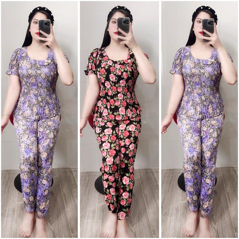 Đồ Bộ Thiết Kế Cho Nữ, Áo Tay Ngắn Dập Ly, Quần dài, Hoạ Tiết Kẻ Sọc Sang trọng, Vải lụa mango Mền mát (Hồng Kem Women Top) set botieuthu bộcổ