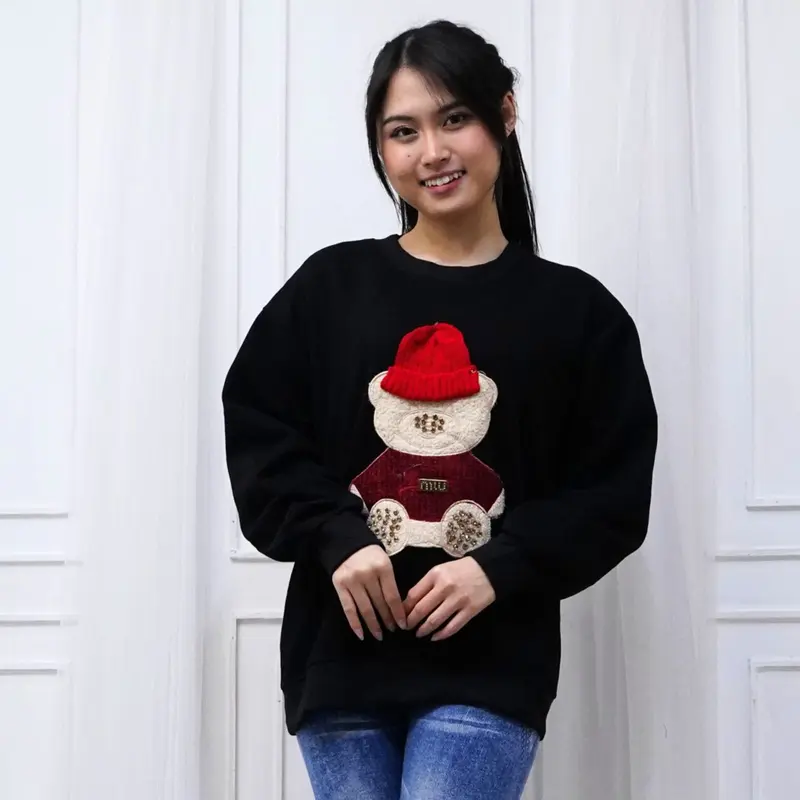 SWEATER BERUANG TOPI MERAH SWEATER SKENA WANITA ATASAN IMPORT BANGKOK BORDIR FLECCE TEBAL FASHION KOREAN STYLE CASUAL LONG SLEEVE HIJAB FRIENDLY CREWNECK SWEATSHIRT CEWEK BASIC FLEECE PANJANG NYAMAN SANTAI sweater fuji Kaos Kerah Oblong Oversize Baju 3